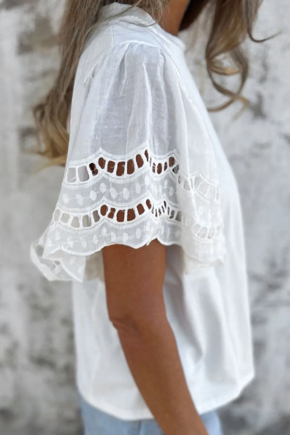 Hollow Out Embroidered Short Sleeve Round Neck Top, image 4