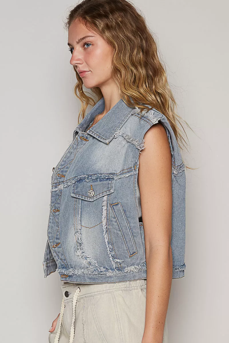 Assymetrical Front Closure Raw Hem Denim Vest, image 5