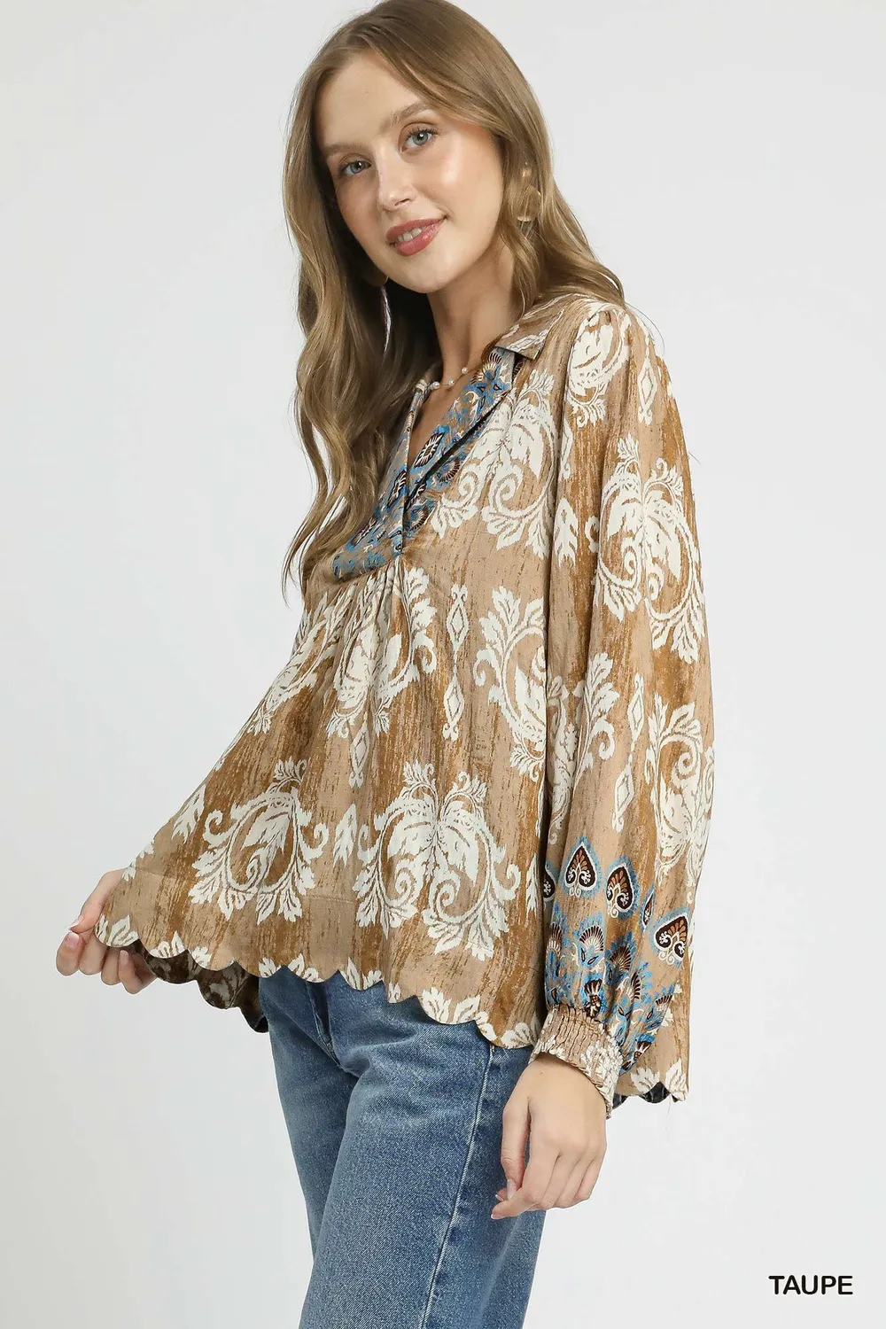Floral Boho Blouse with Scalloped Hem, image 2