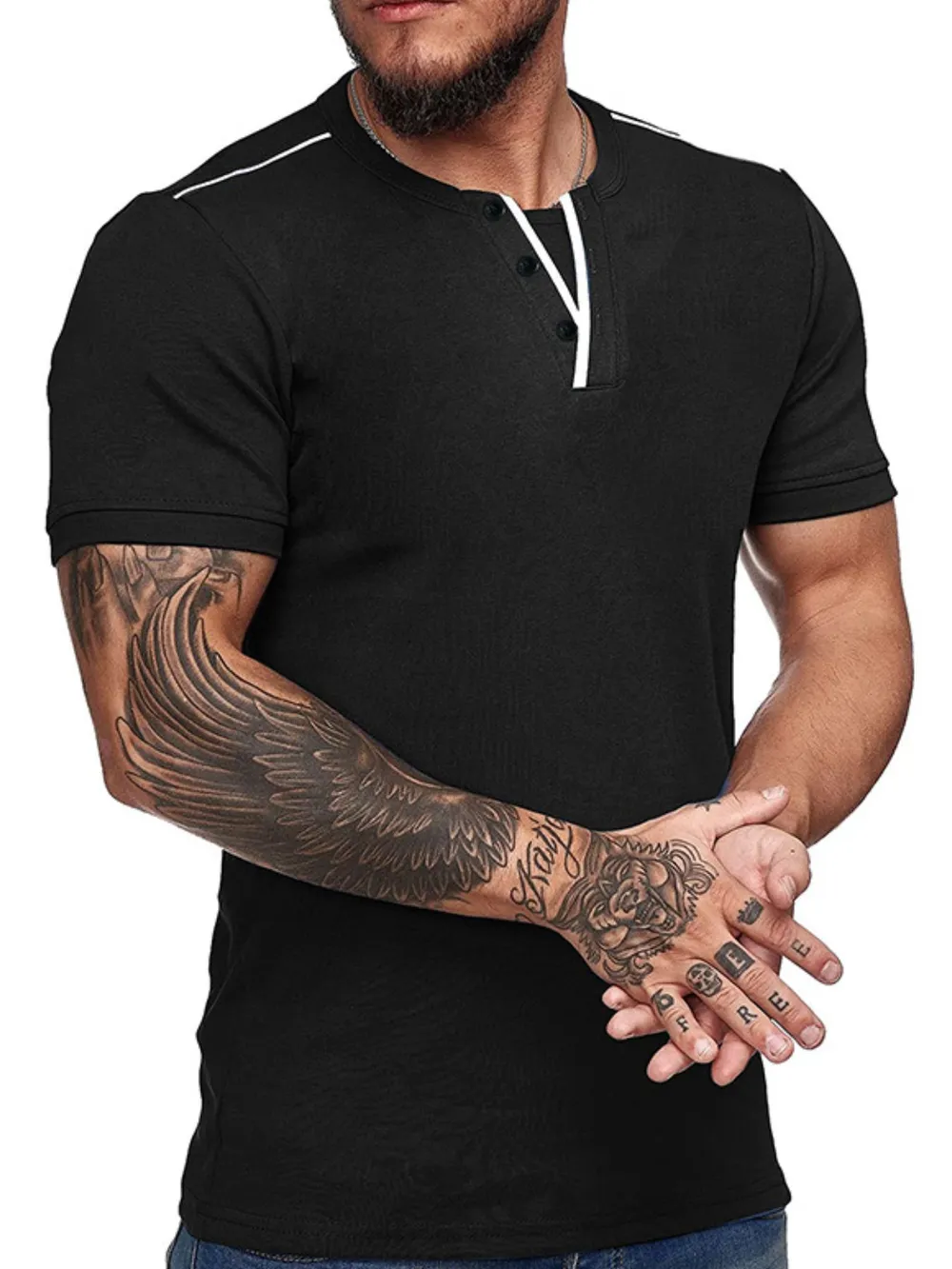 Men's Casual Henley Short Sleeve T-Shirt with Contrast Trim