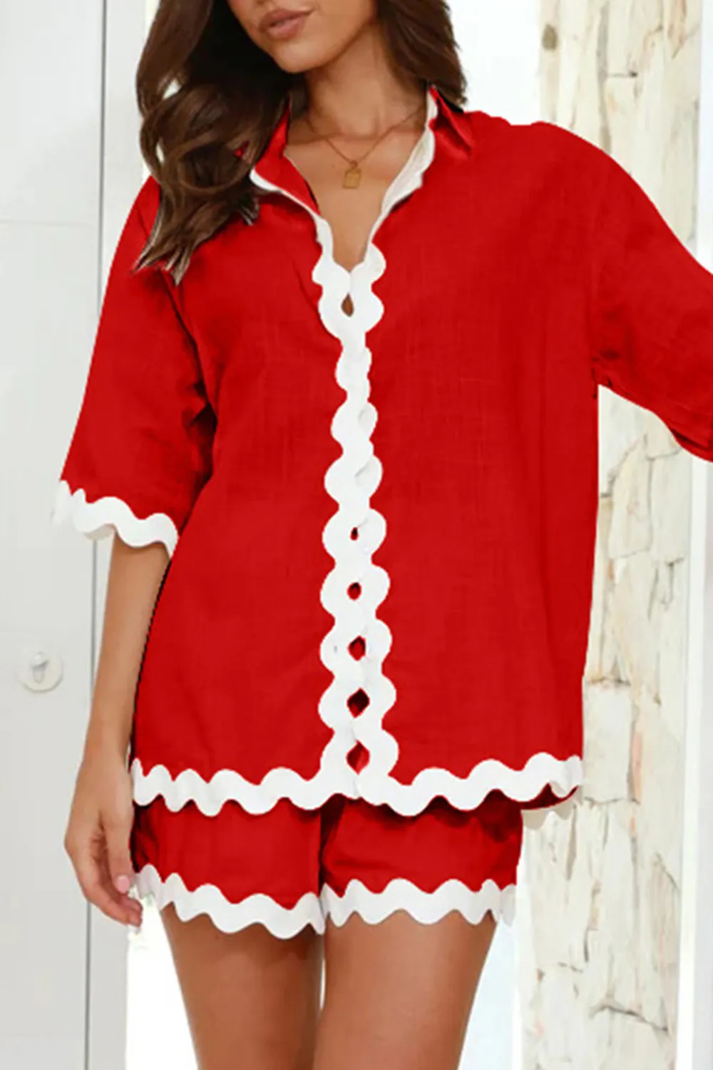Contrast Trim Half Sleeve Top and Shorts Set, image 3