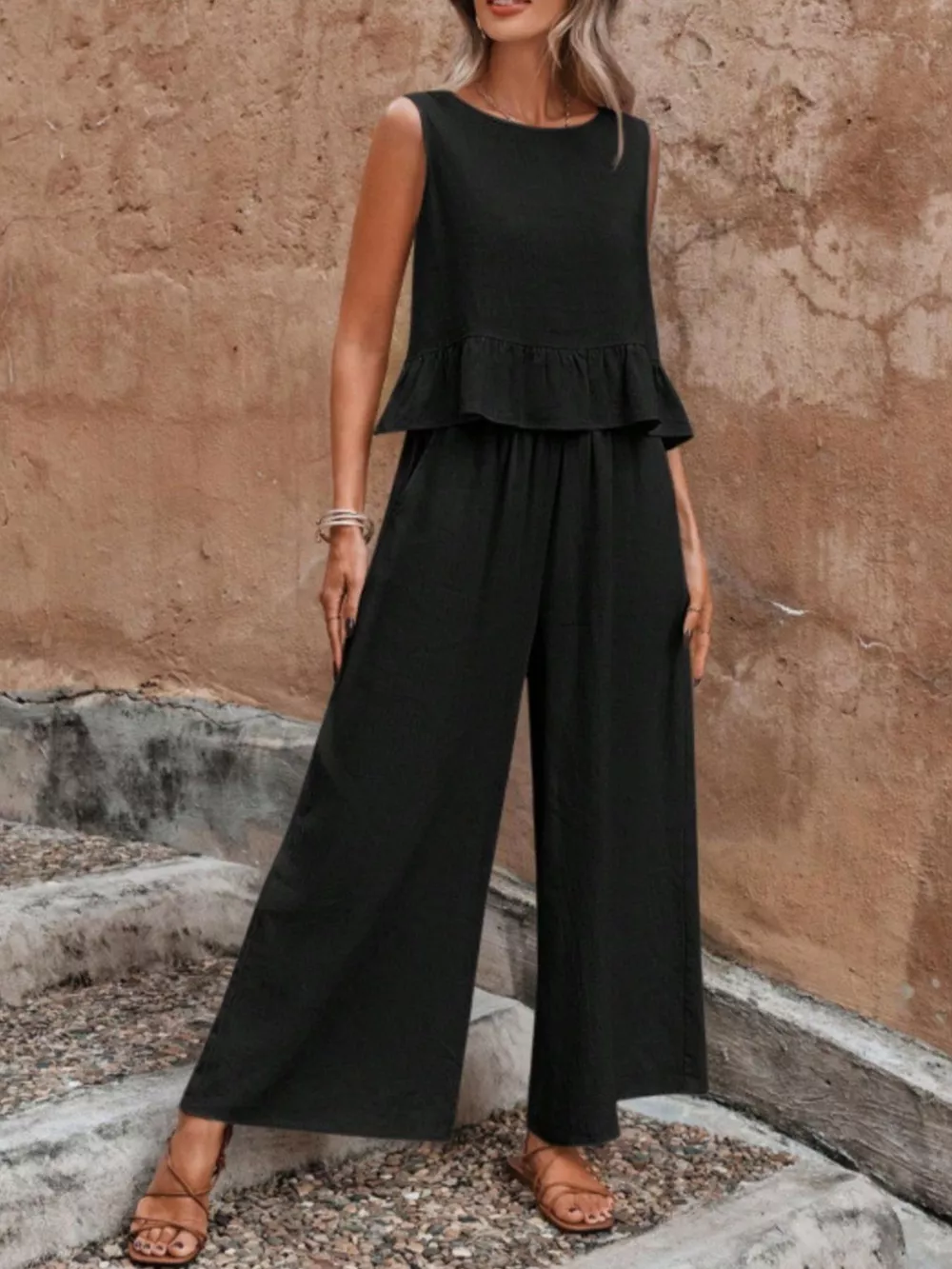 Sleeveless Ruffle Hem Top and Wide Leg Pants Two-Piece Set, image 11
