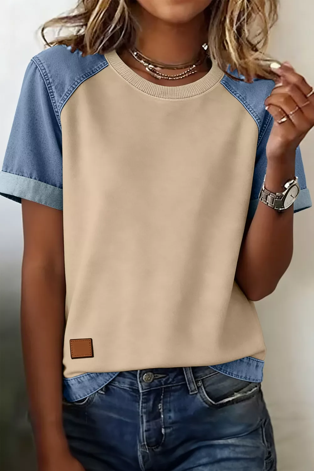 Denim Color Block Patchwork Round Neck Tee