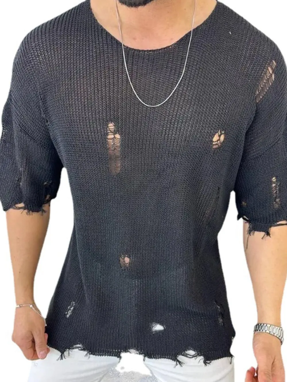 Men's Distressed Round Neck Knit Top, image 4