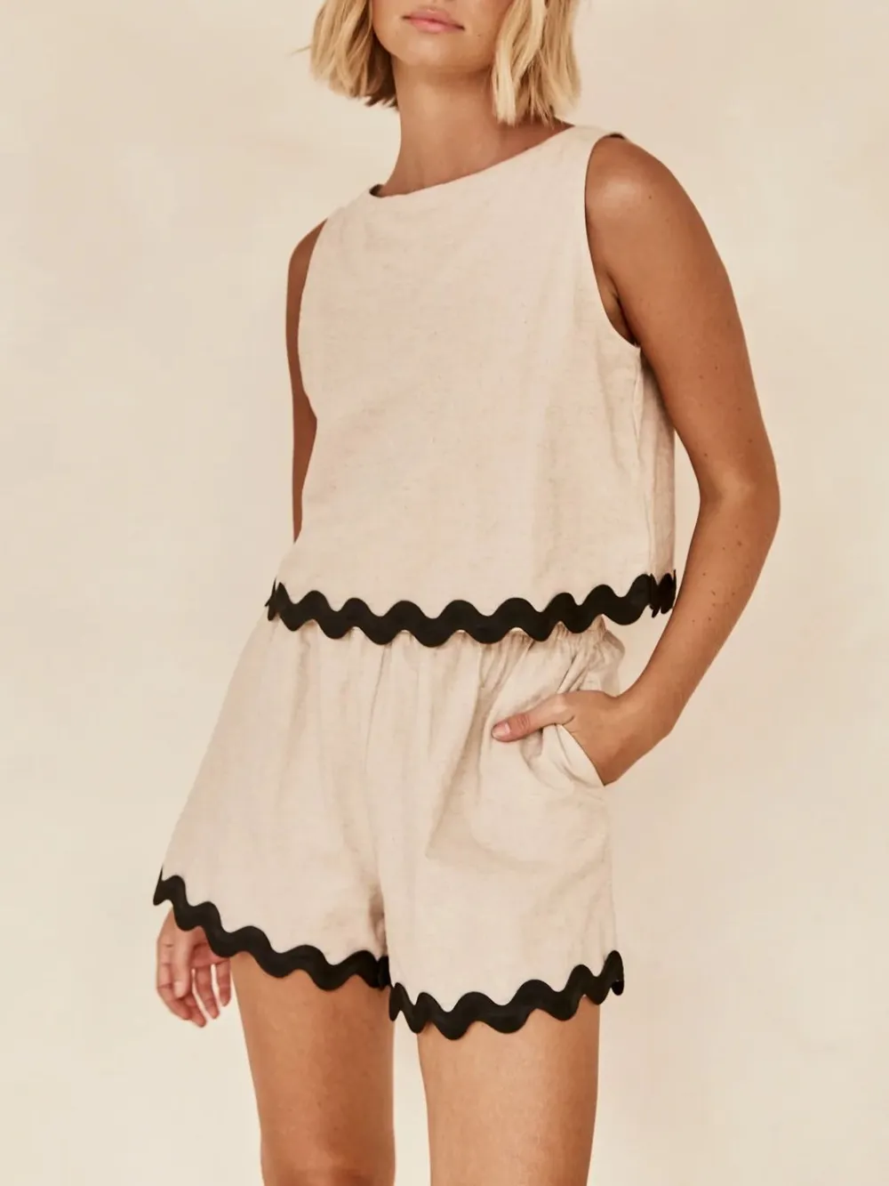 Contrast Trim Round Neck Tank and Shots Set, image 2