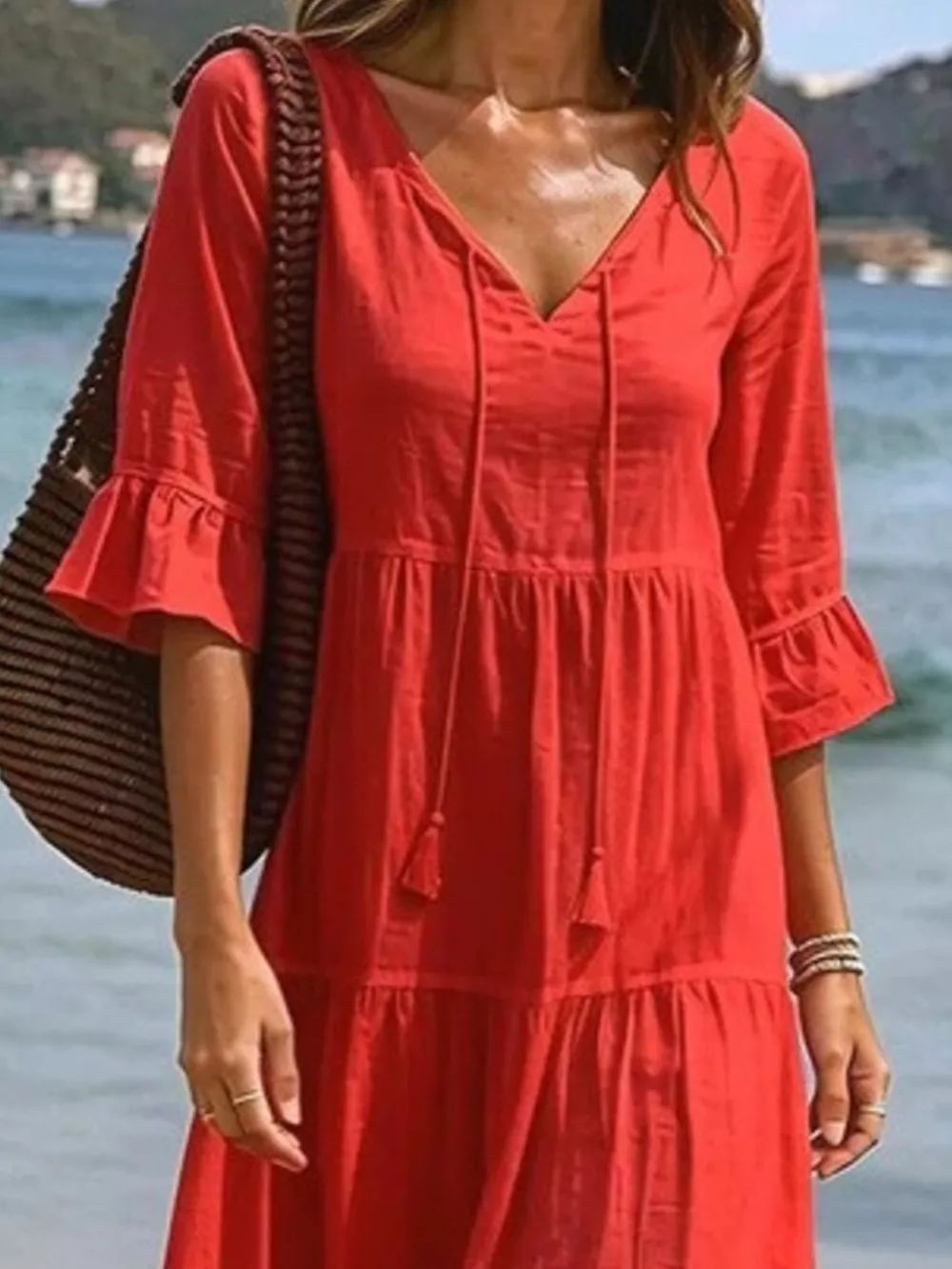 Full Size Tiered Tie Neck Flounce Sleeve Dress Plus Size, image 6