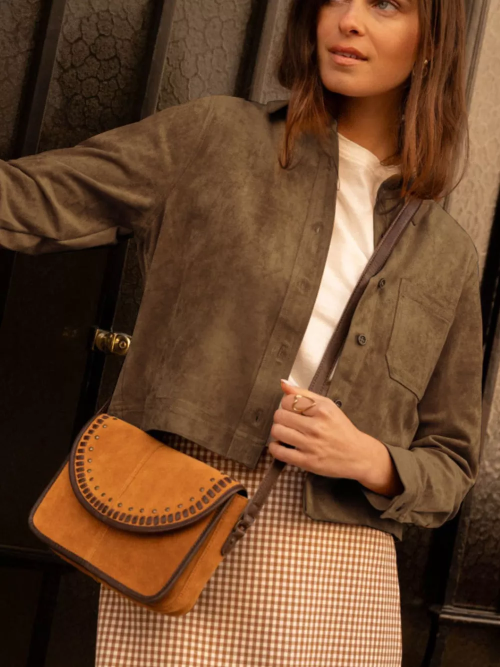 Cropped Faux Suede Button-Down Jacket, image 8