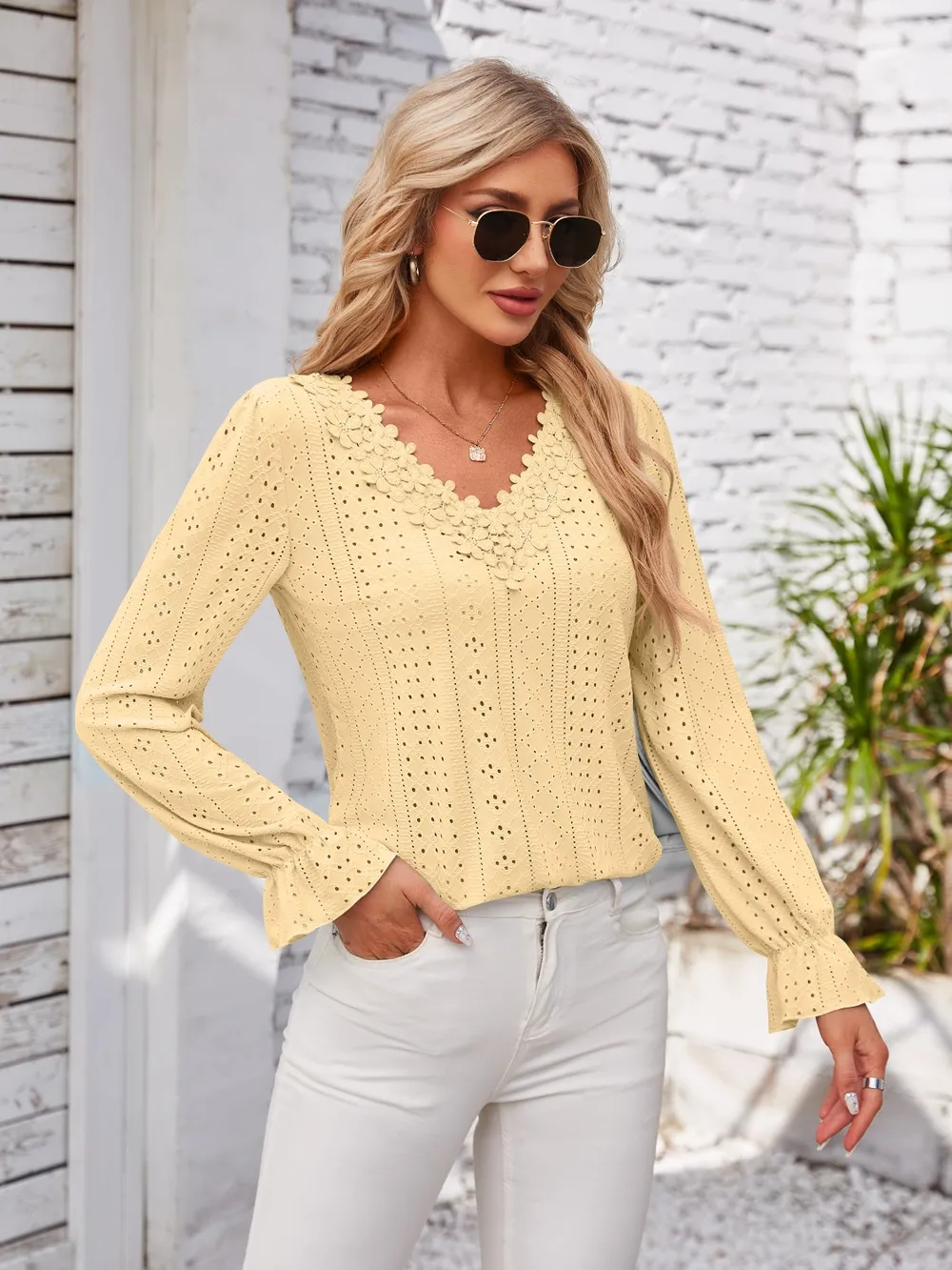 Applique V-Neck Flounce Sleeve T-Shirt, image 12