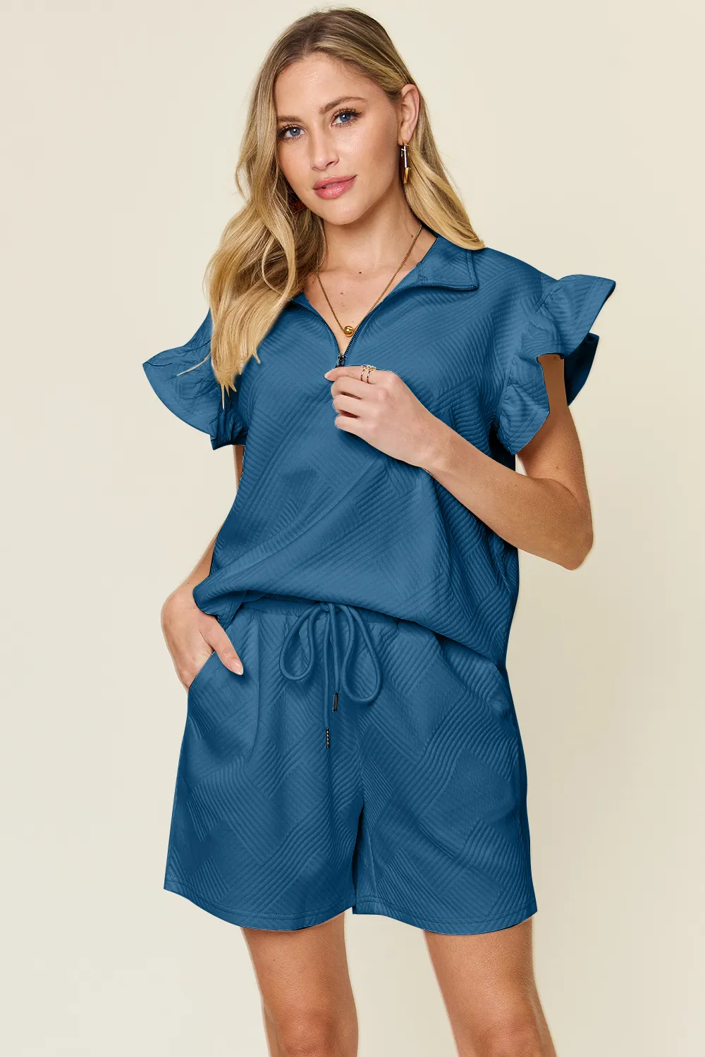 Full Size Texture Flounce Sleeve Top and Drawstring Shorts Set, image 10