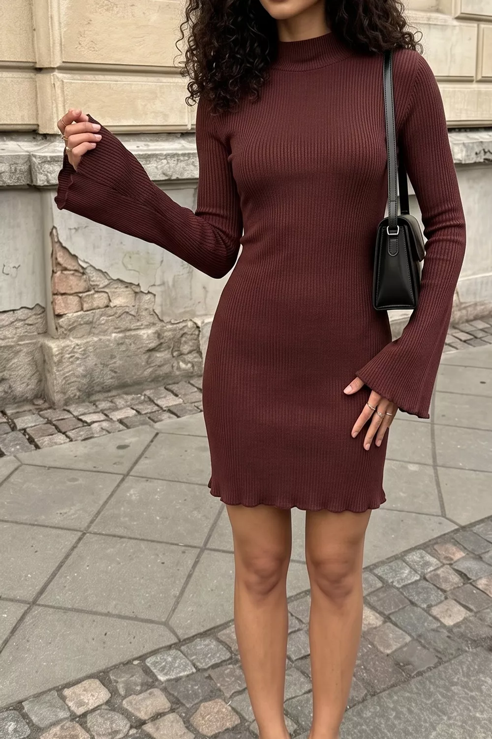 Mock Neck Ribbed Knit Bodycon Mini Dress, image 6