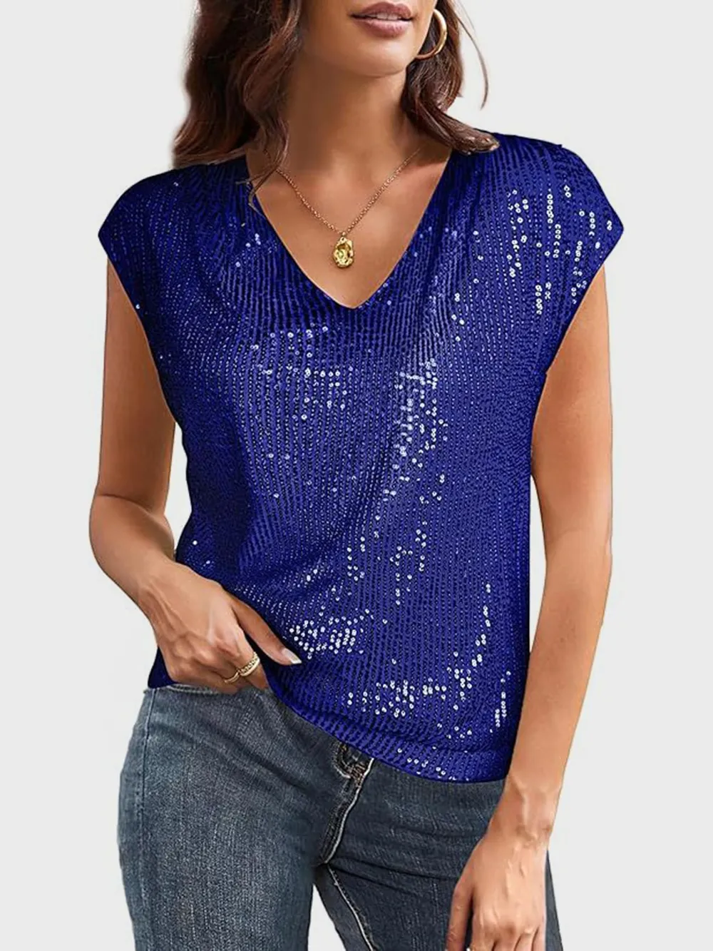 Sequin V-Neck Cap Sleeve Top, image 4