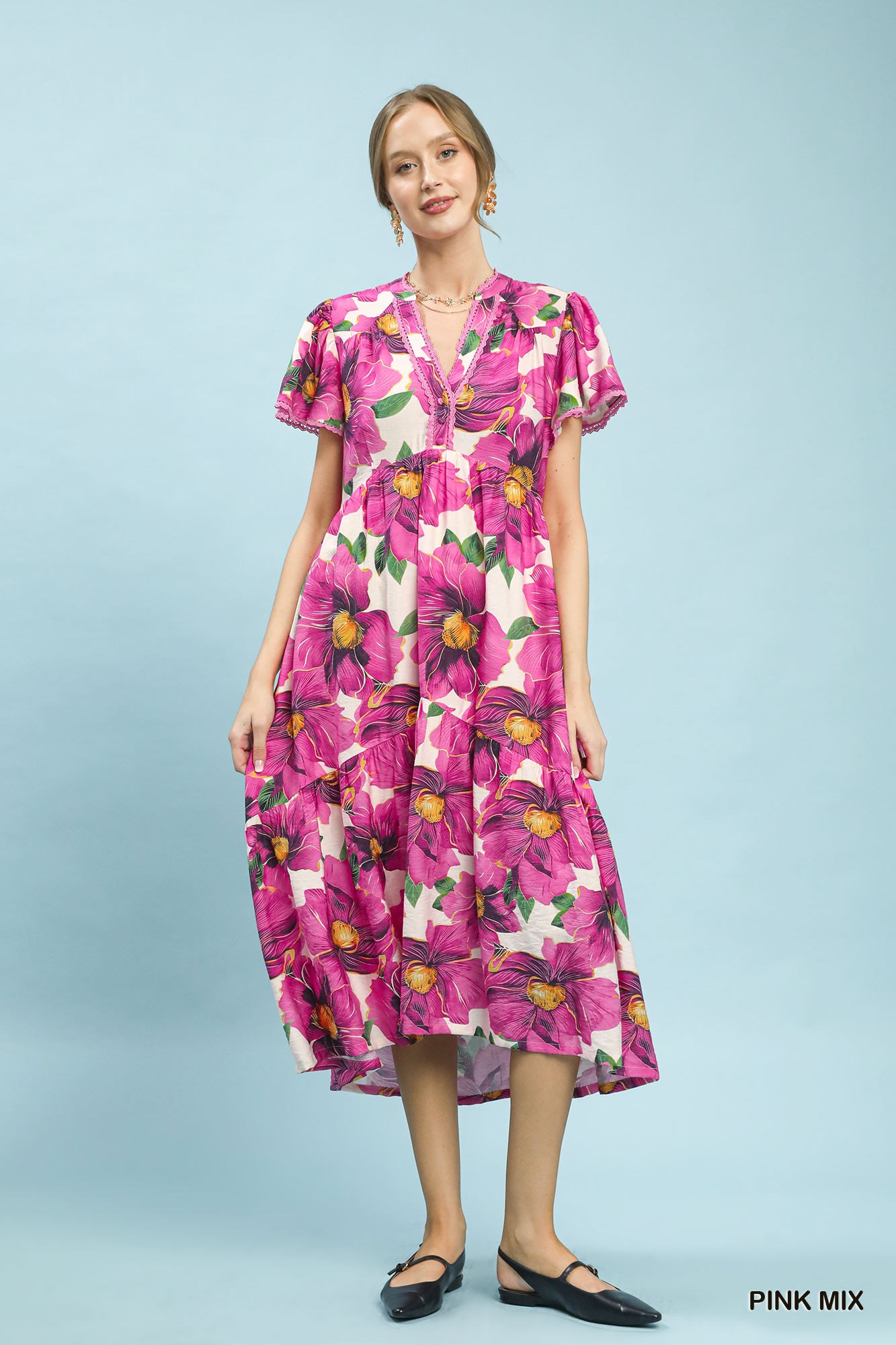 Tropical Floral V-Neck Flutter Sleeve Tiered Midi Dress, image 5