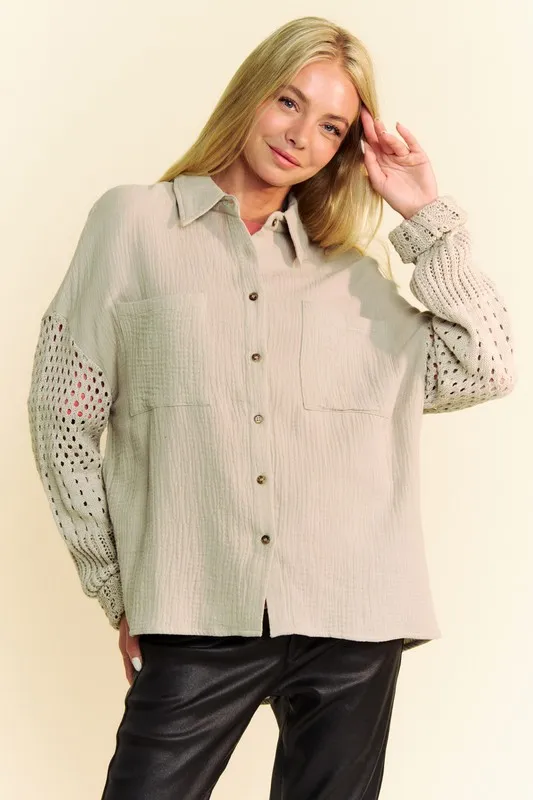 Crochet Sleeve Crinkled Texture Shirt, image 6