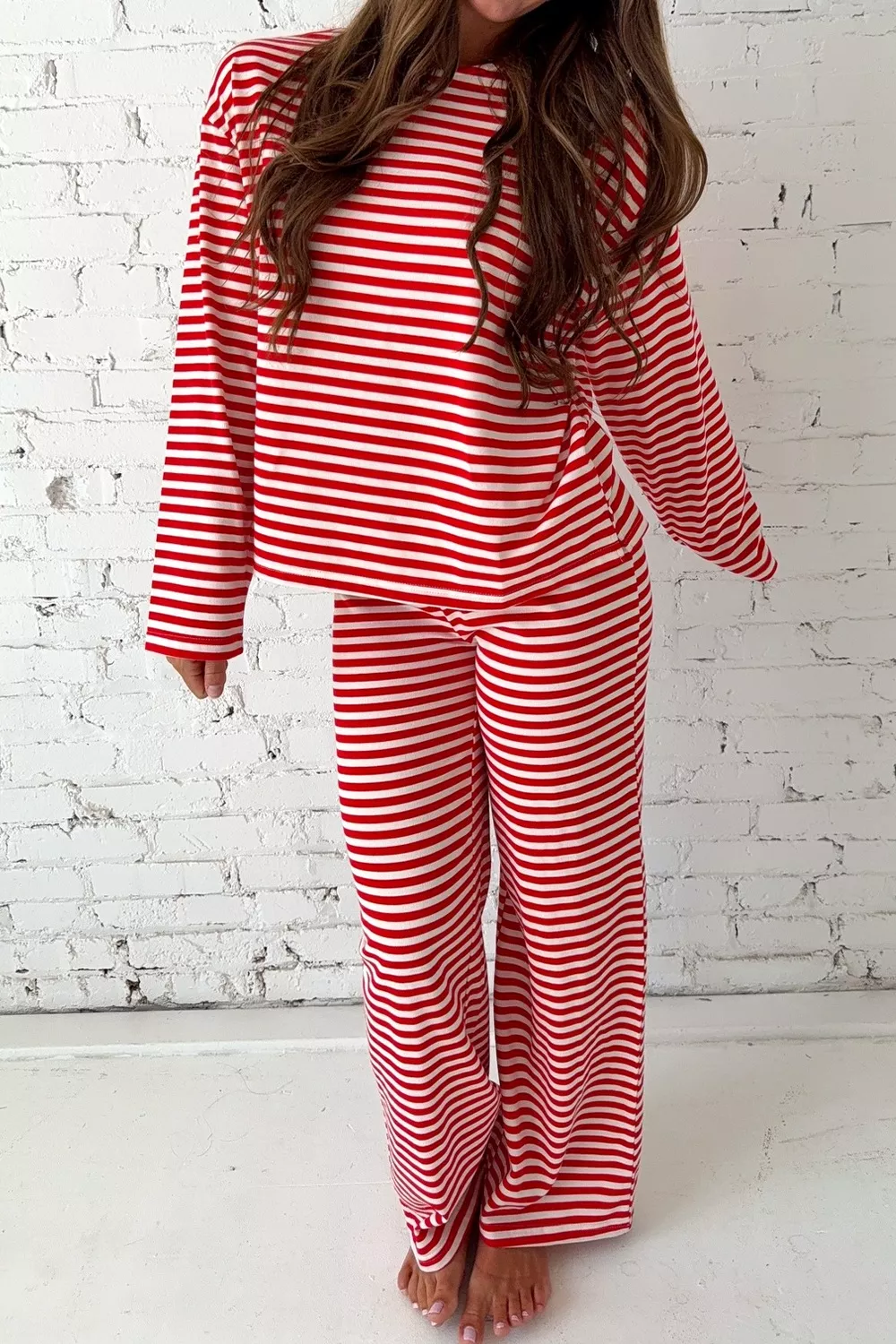 Striped Round Neck Top and Pants Set, image 2