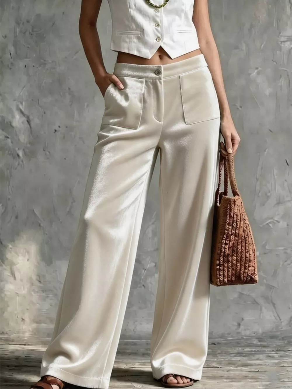 Full Size High-Waisted Wide-Leg Velvet Pants with Front Pockets Plus Size