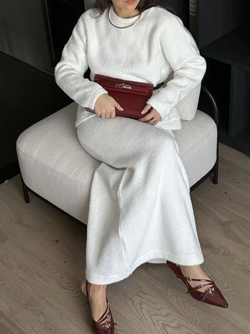 Round Neck Dropped Shoulder Top and Midi Skirt Sweater Set, image 5