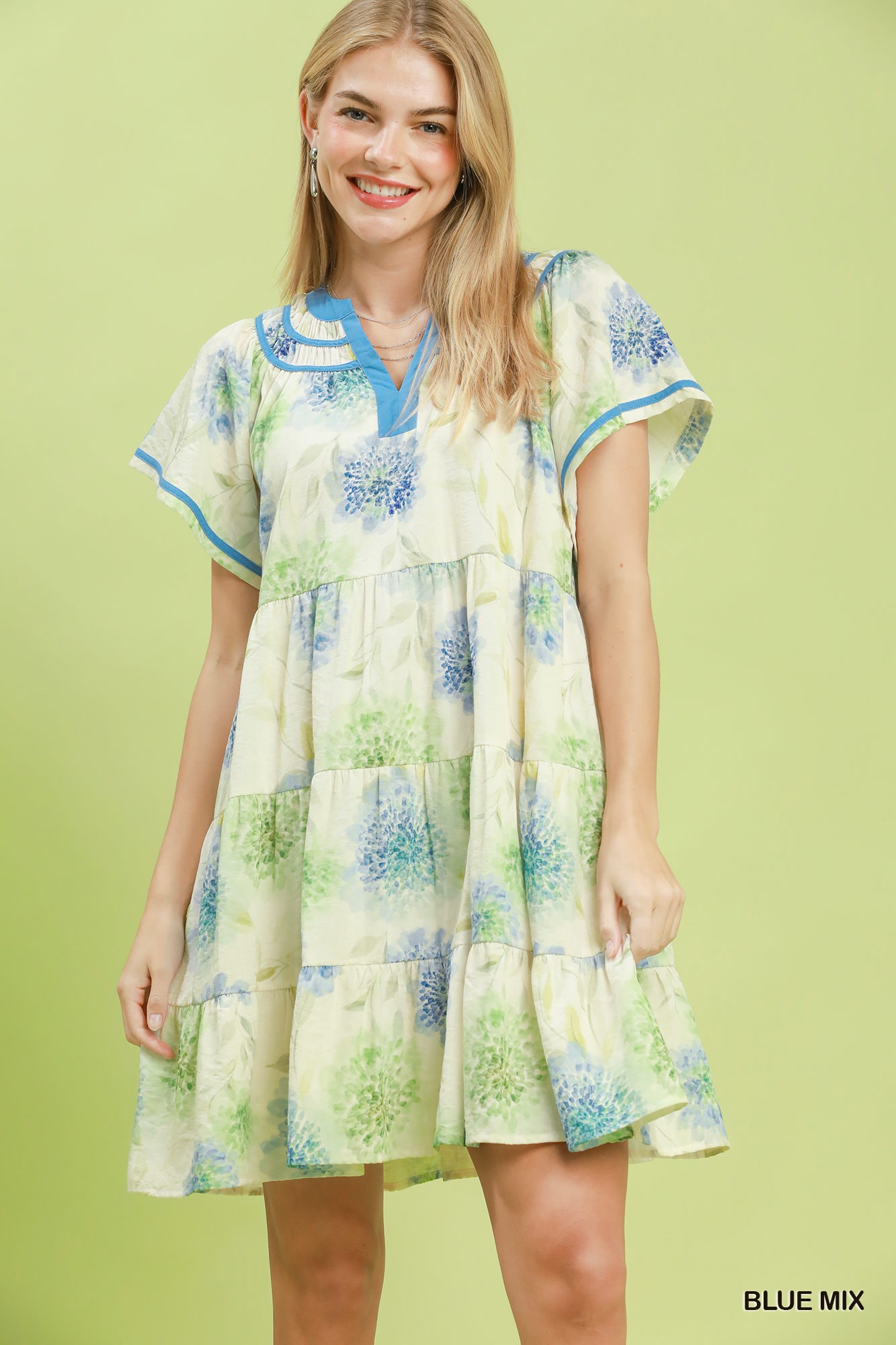 Floral Print Contrast Trim Tiered Babydoll Dress