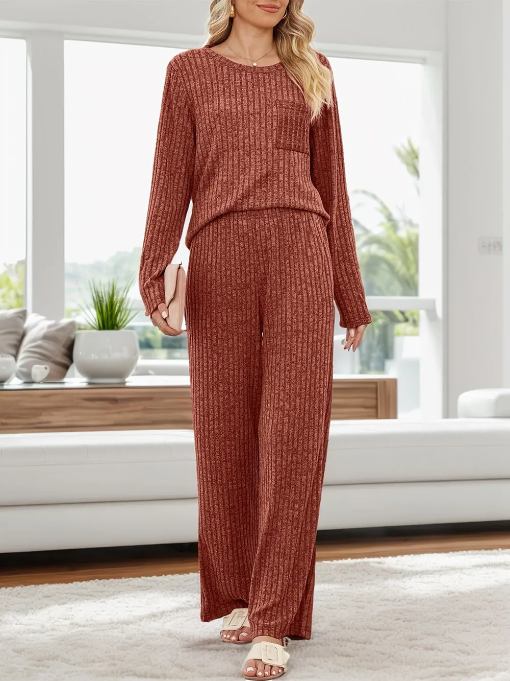 Round Neck Long Sleeve Top and Pants Set, image 6