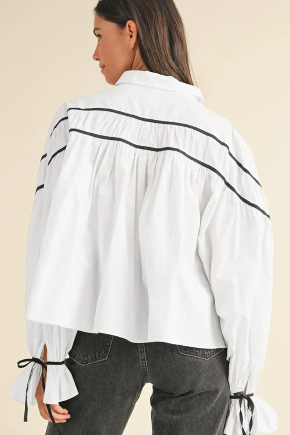 Ribbon Bowtie Collared Neck Flounce Sleeve Shirt, image 9