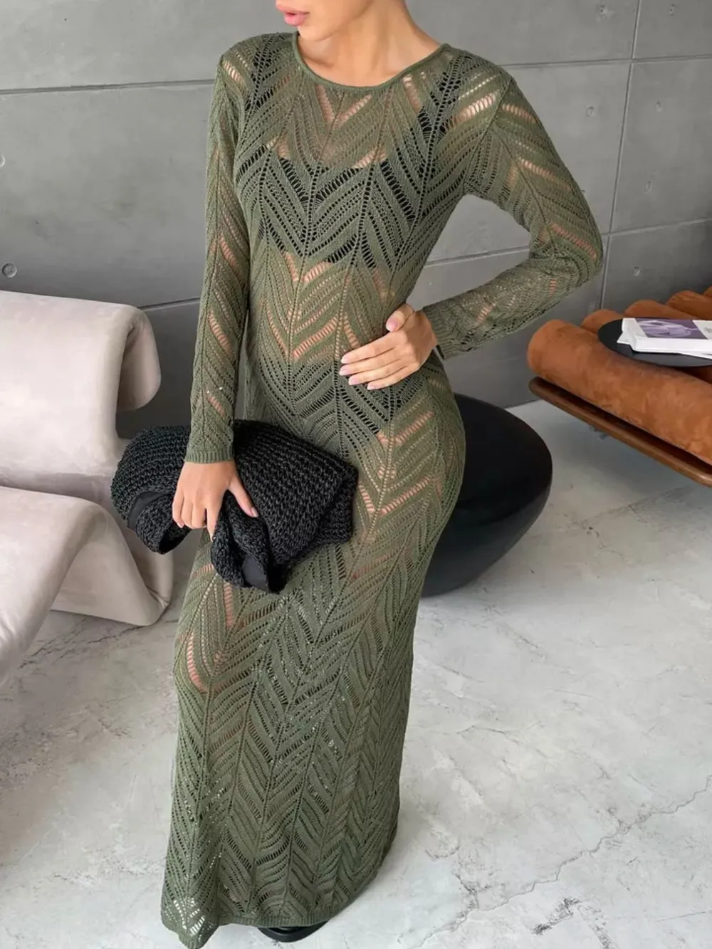 Openwork Long Sleeve Knit Cover Up Dress, image 25
