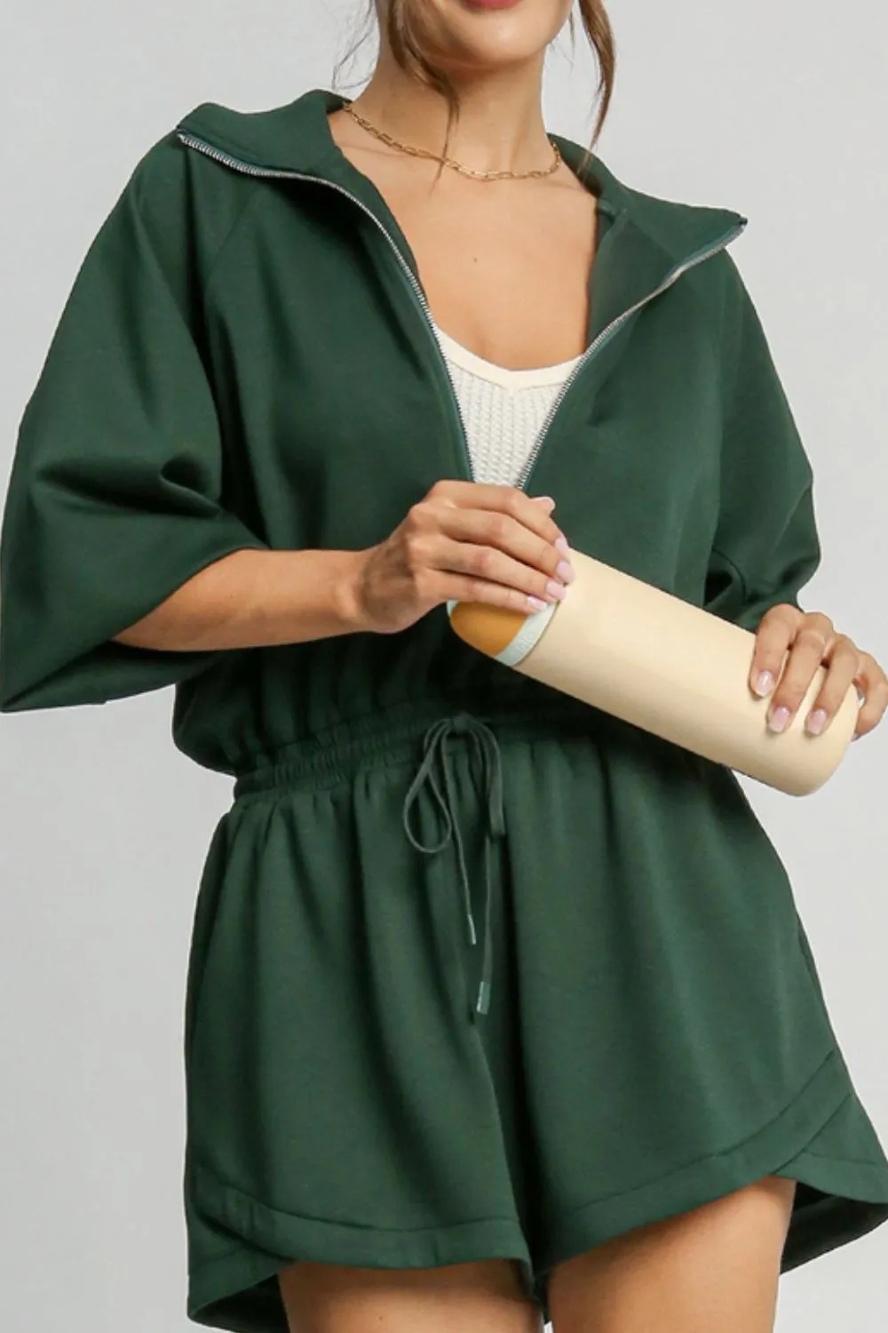 Drawstring Half Zip Long Sleeve Romper, image 3