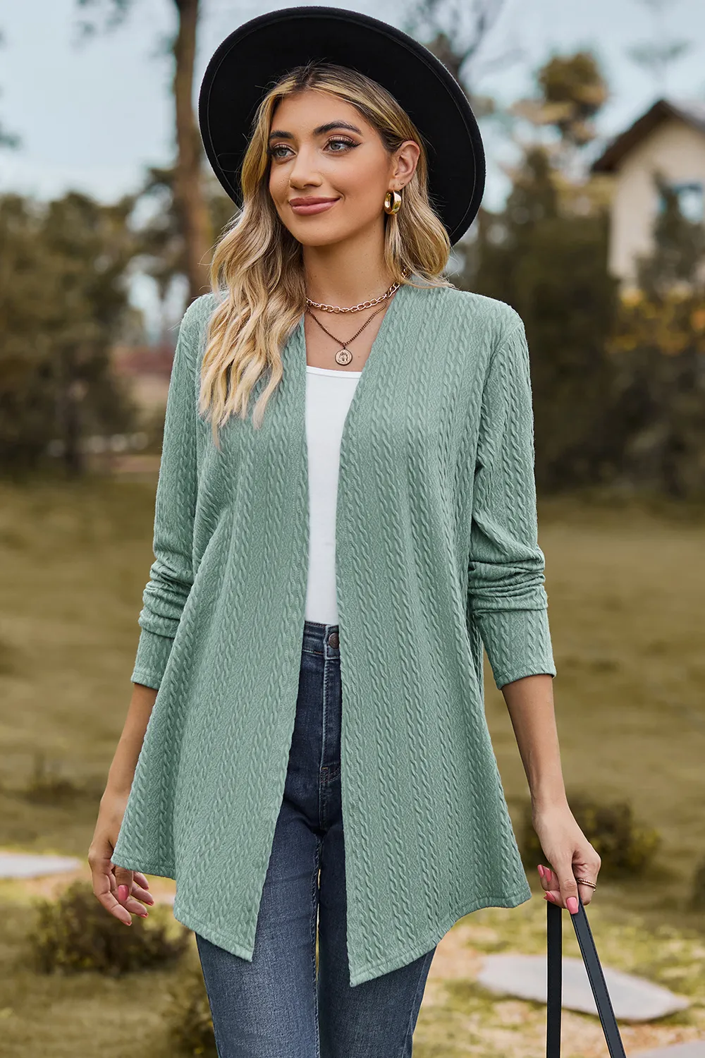 Textured Open Front Long Sleeve Cardigan, image 9