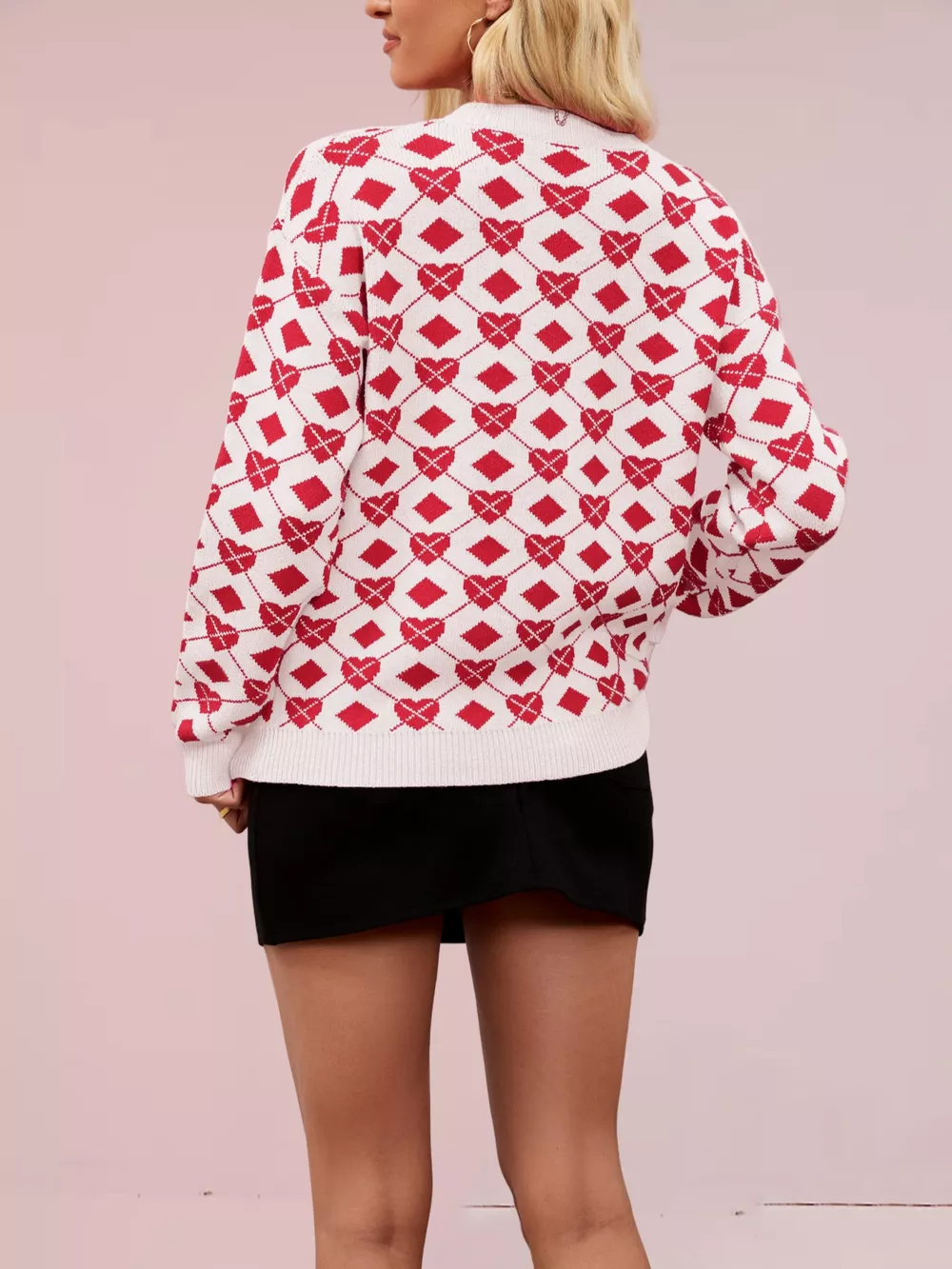 Heart & Diamond Pattern Long Sleeve Sweater, image 4