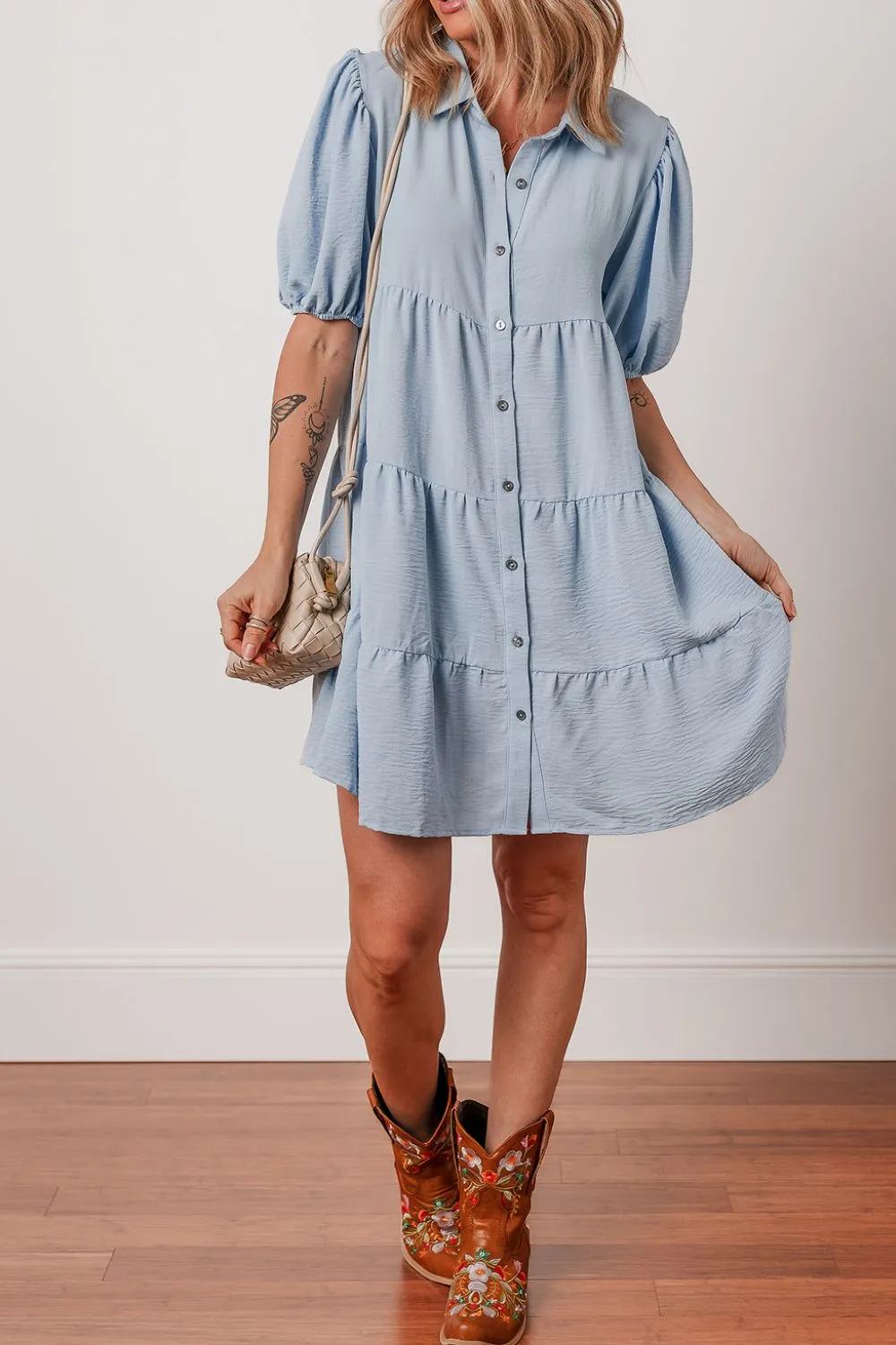 Button Up Puff Sleeve Tiered Shirt Dress, image 4