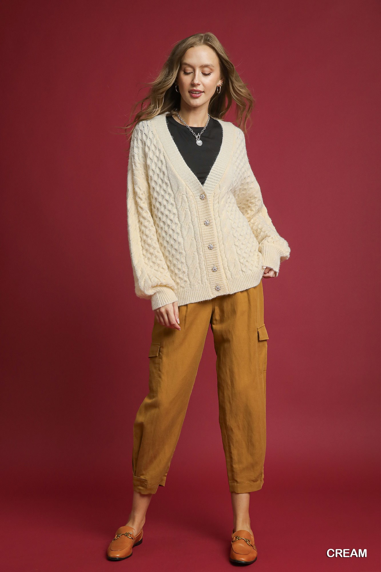 Cable Knit Pearl Button Cardigan, image 2