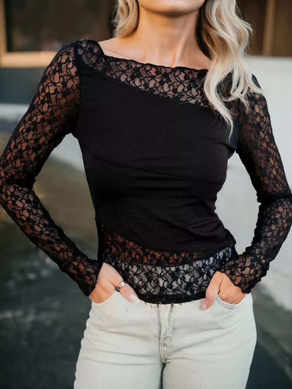 Asymmetric Panels Sheer Floral Lace Patchwork Long Sleeve Top, image 4