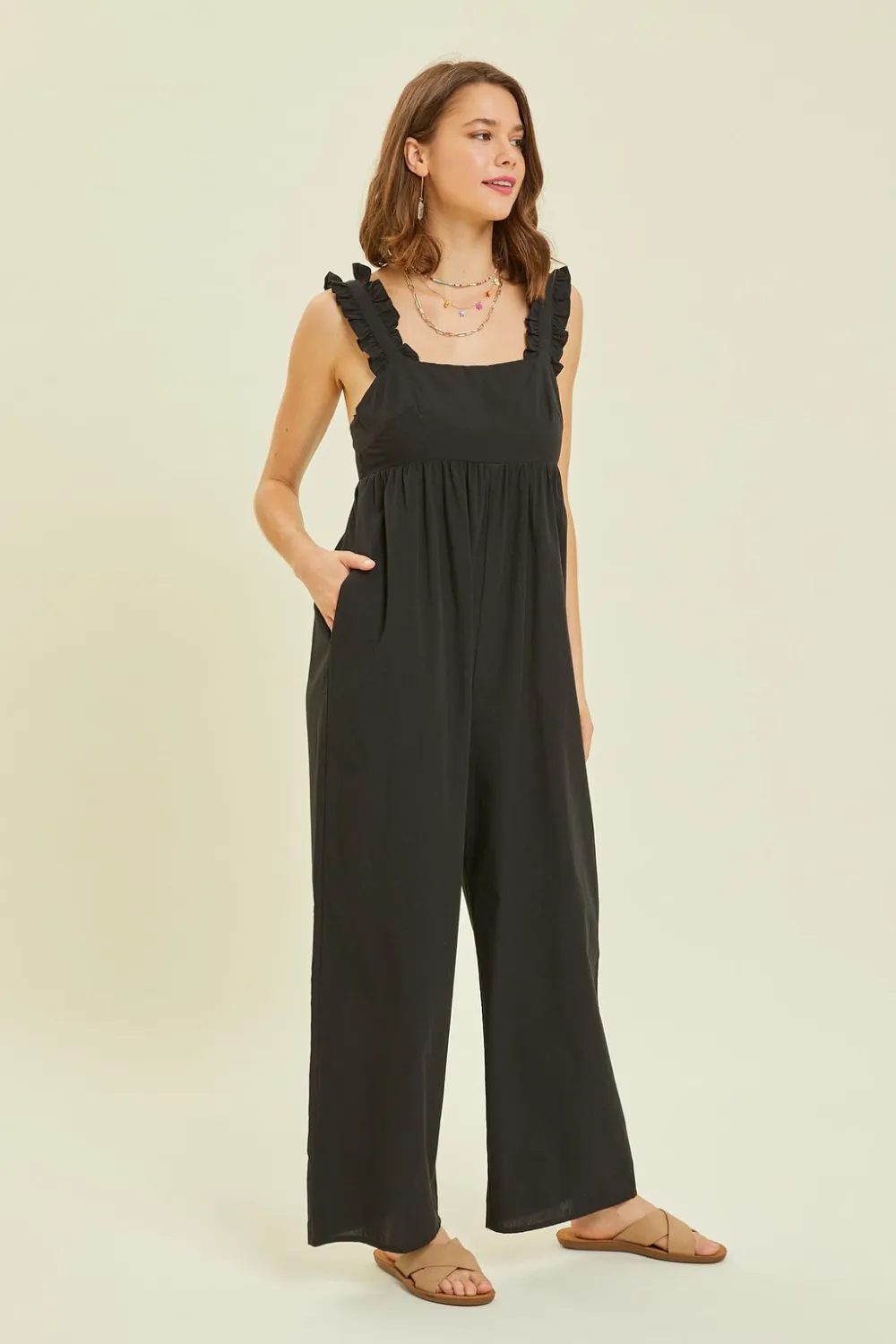 Full Size Ruffled Strap Back Tie Wide Leg Jumpsuit, image 4
