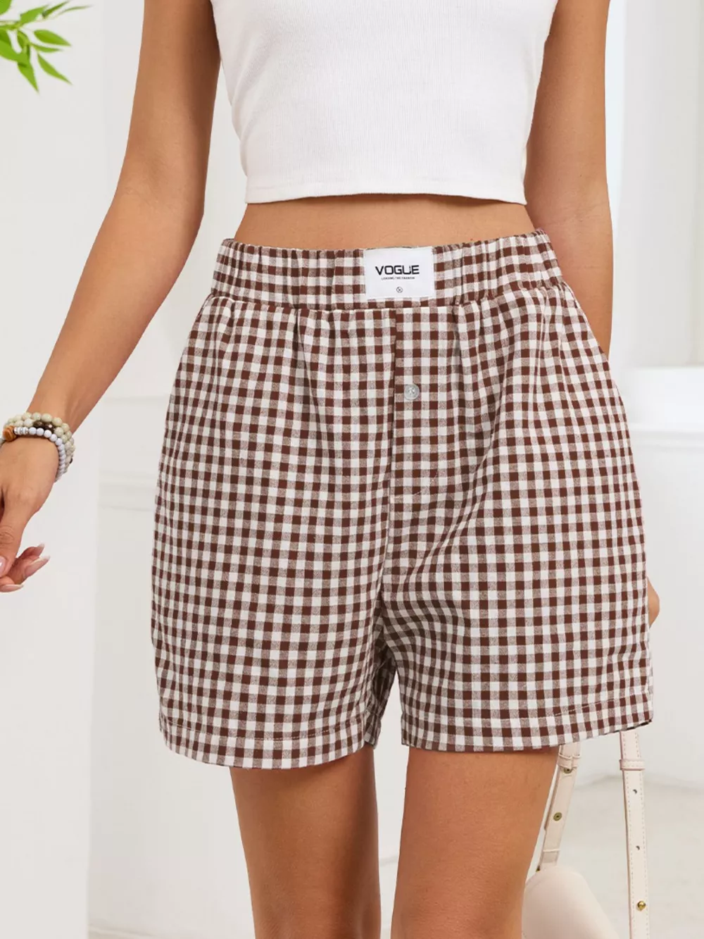 Gingham Elastic Waist Casual Shorts, image 5