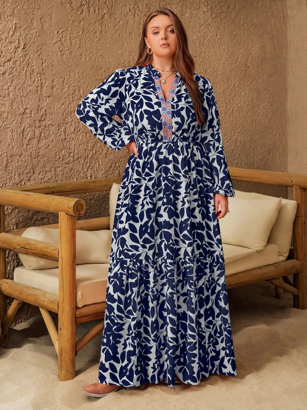 Plus Size Floral Print Notched Long Sleeve Maxi Dress, image 3