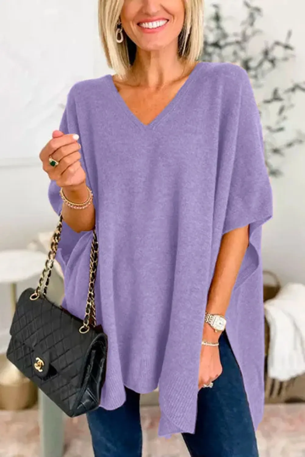 Slit V-Neck Half Sleeve Knit Top, image 17