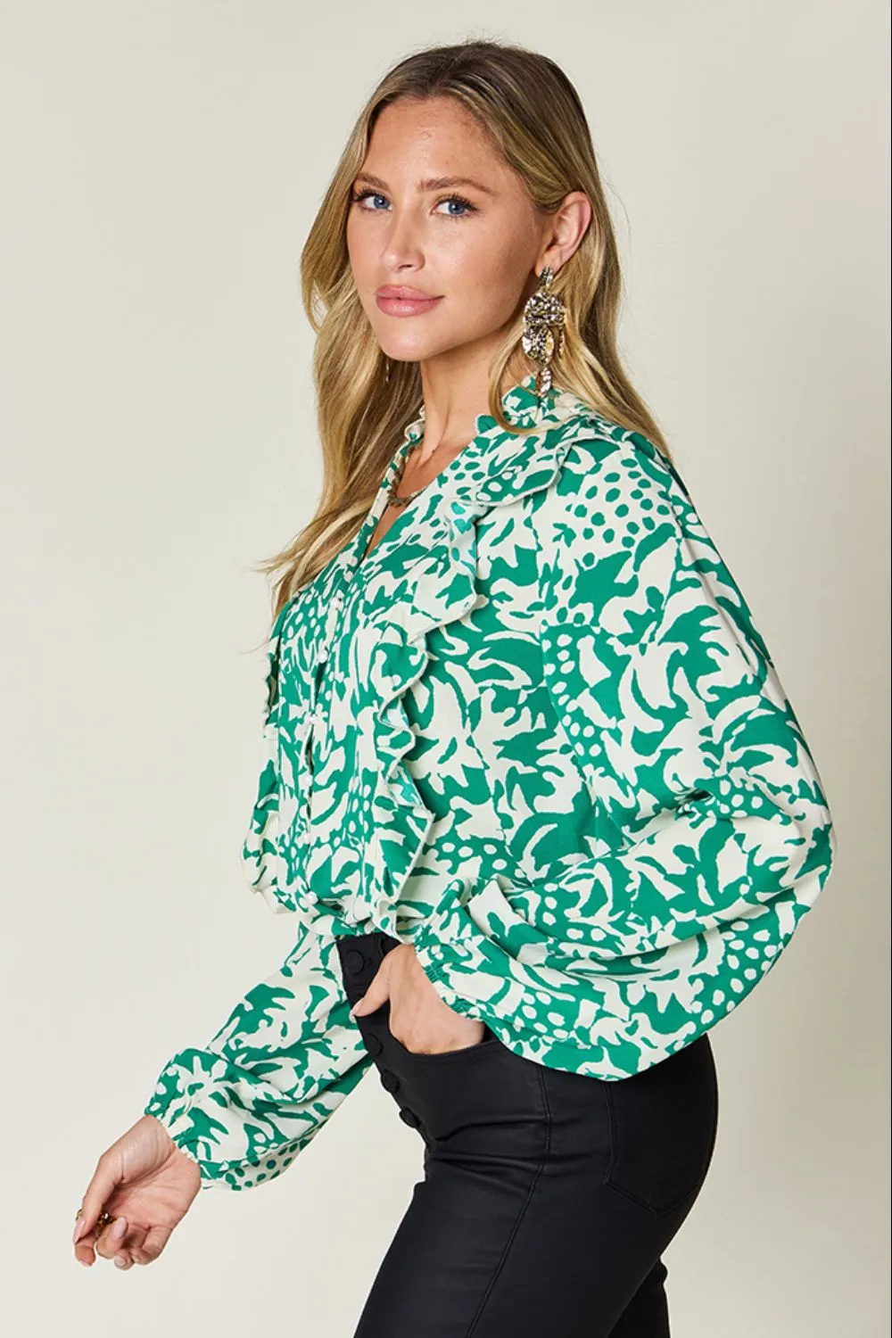 Full Size Printed Ruffle Trim Balloon Sleeve Shirt, image 15