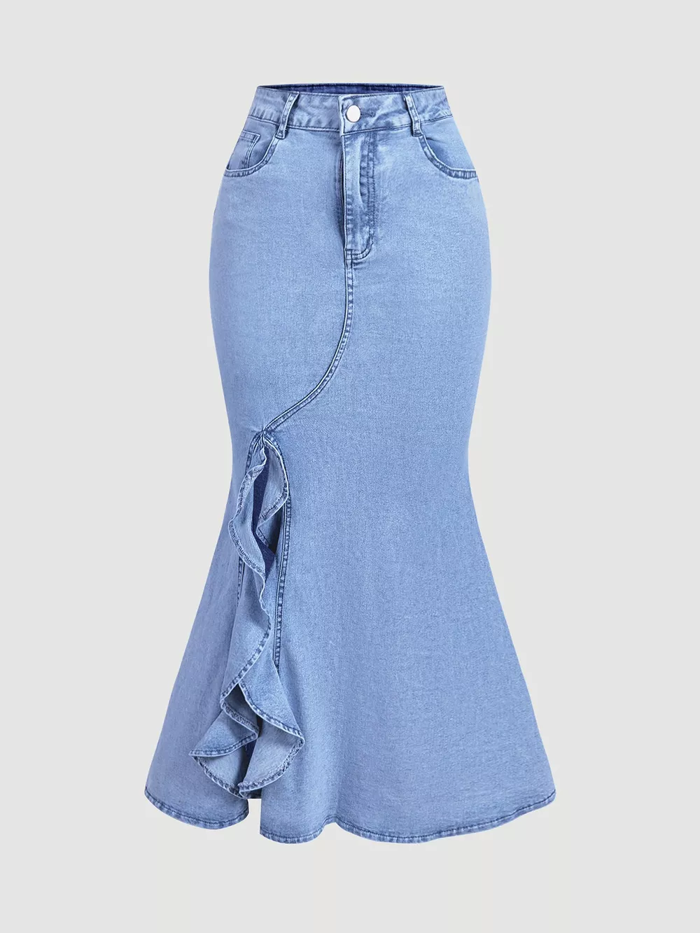 High-Waisted Ruffled Mermaid Denim Skirt