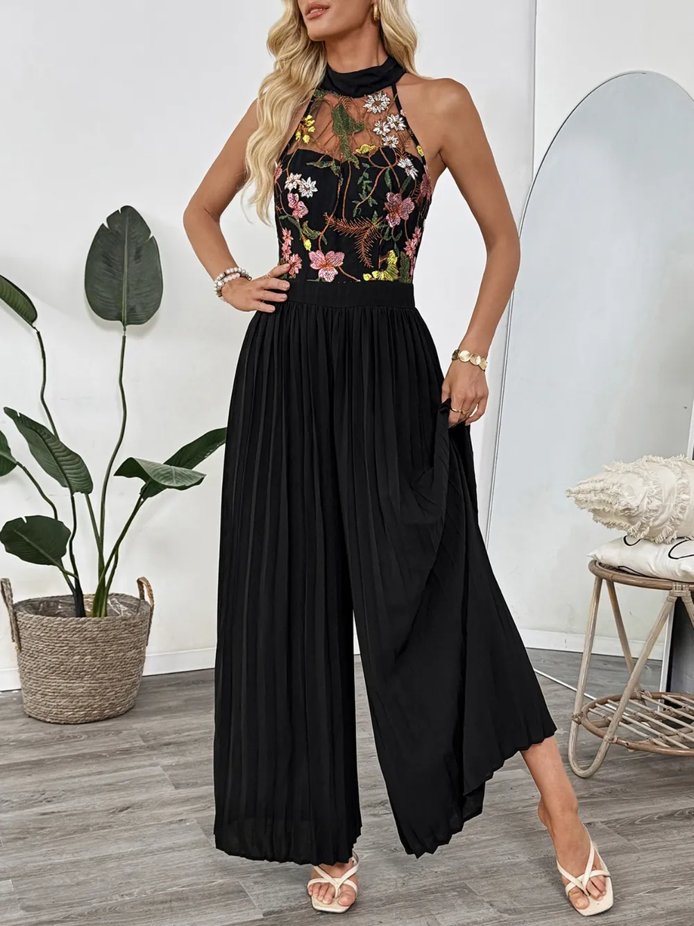 Floral Embroidered Halter Neck Pleated Jumpsuit, image 2