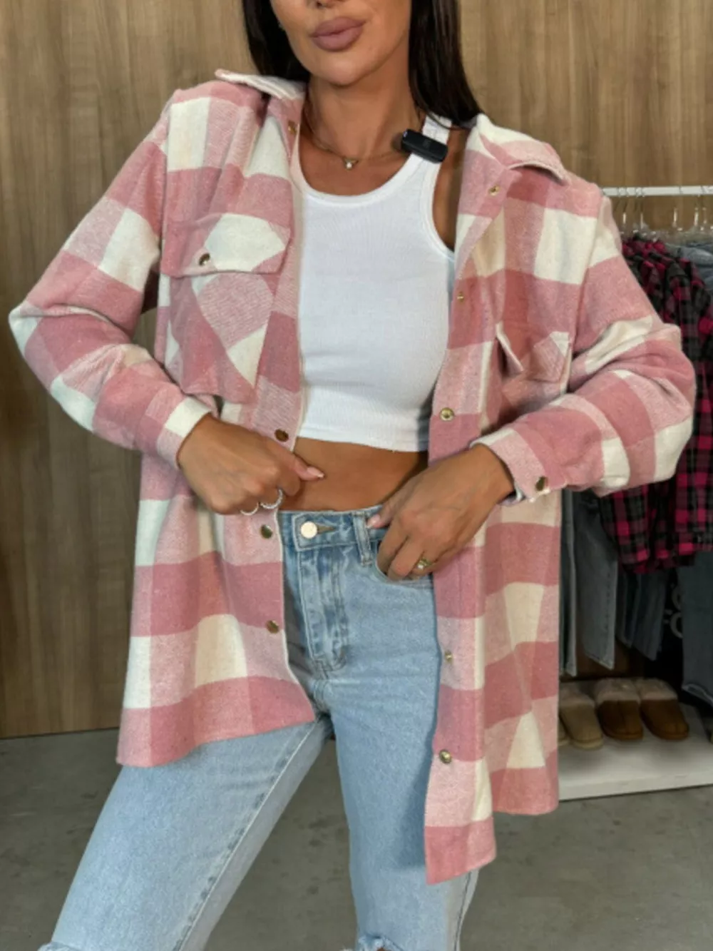 Plaid Button-Down Long Sleeve Shacket, image 2