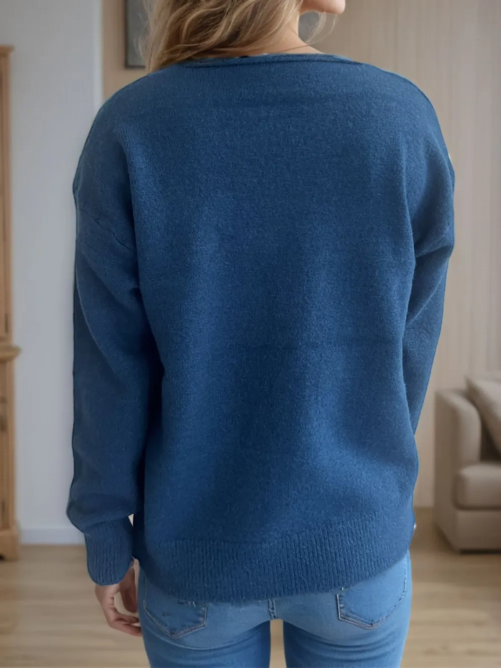 V-Neck Dropped Shoulder Long Sleeve Sweater, image 7