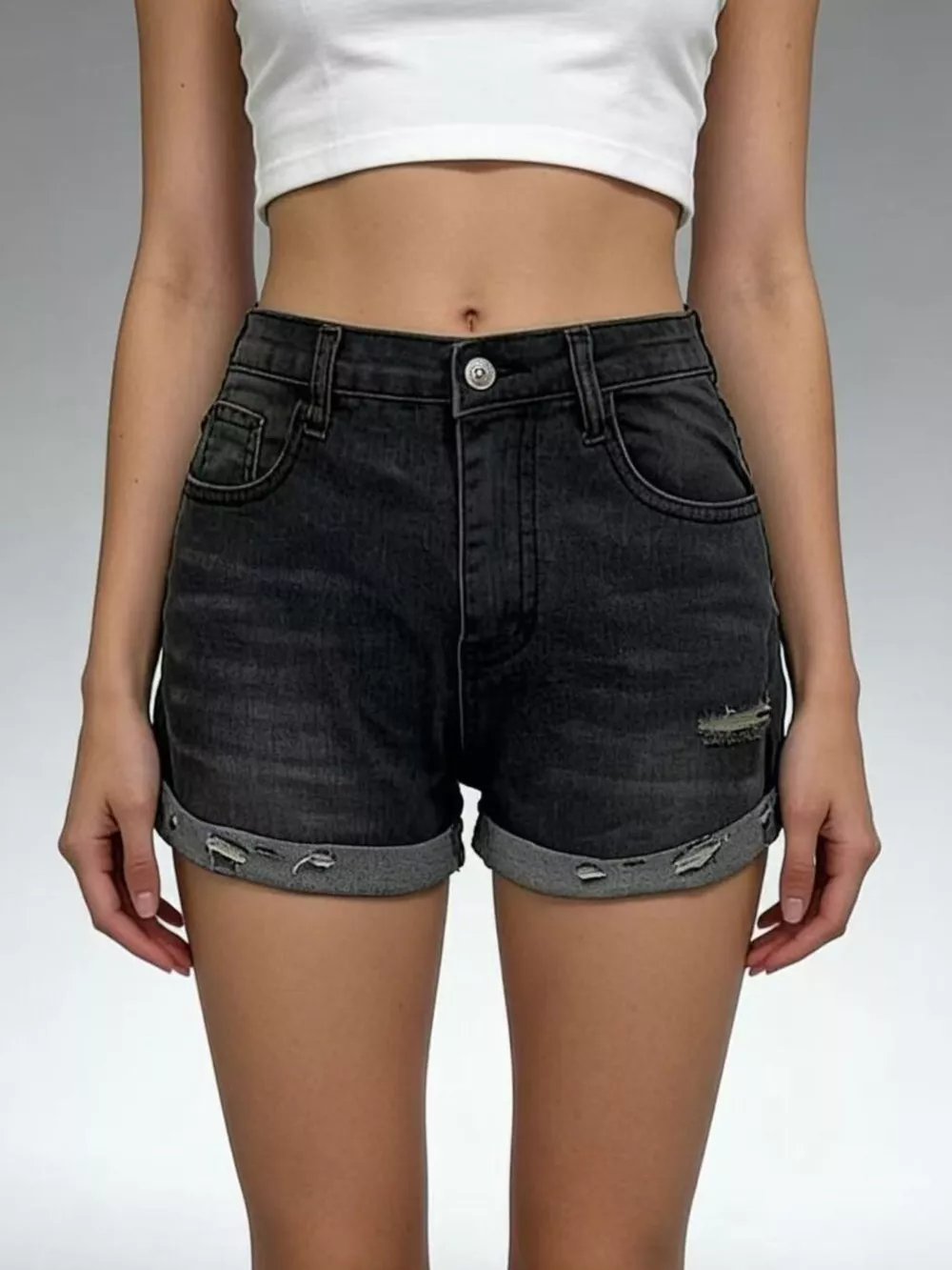 Distressed Denim Roll-Up Shorts, image 2