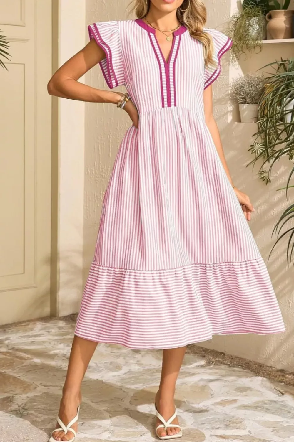 Striped Ruffle Sleeve Midi Dress, image 2