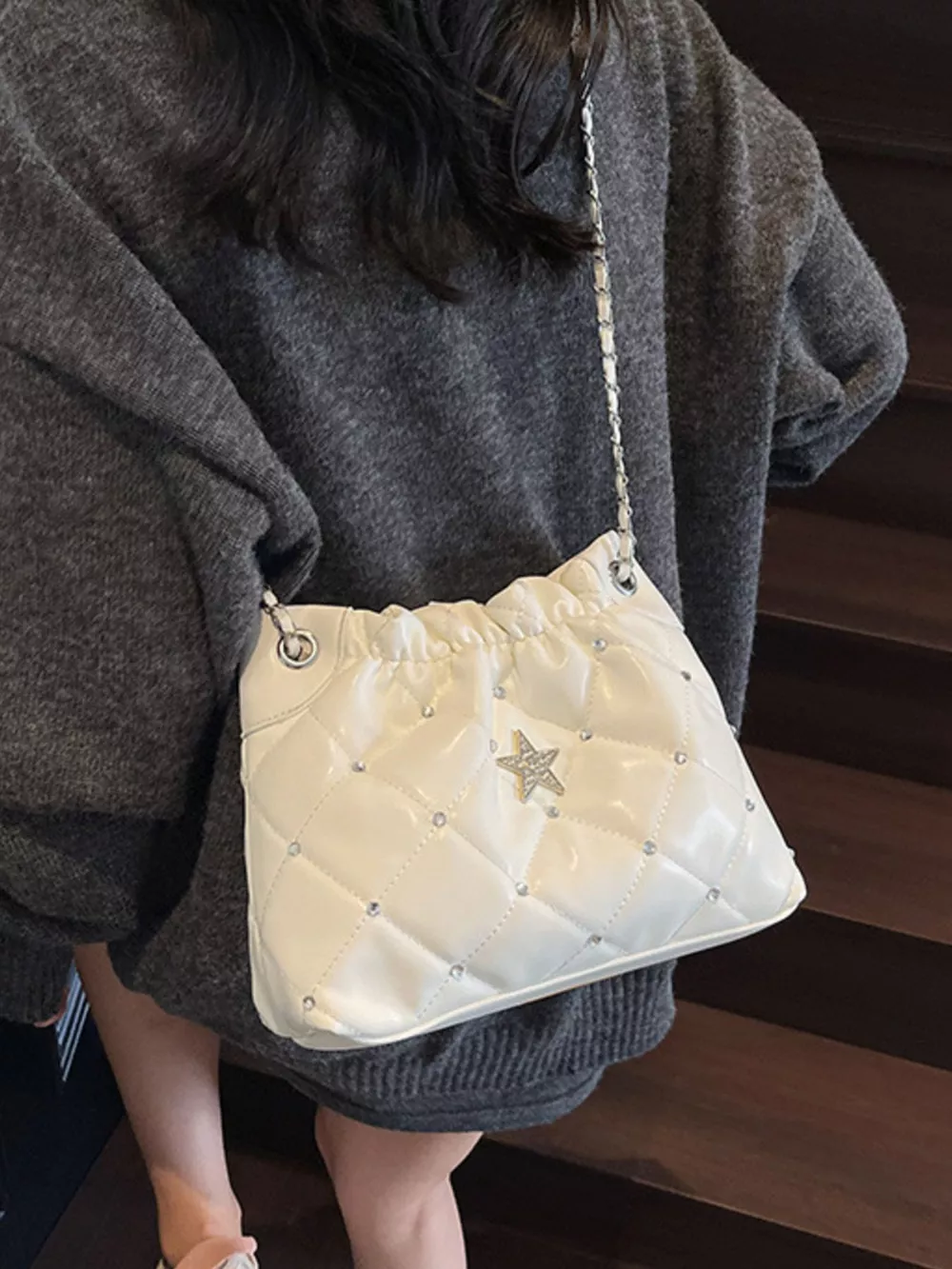 Quilted Rhinestone Star Decor Shoulder Bag, image 4