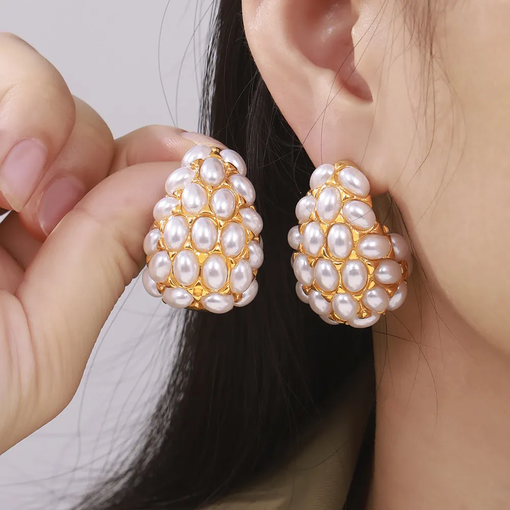 Titanium Steel Inlaid Imitation Pearl Earrings, image 2