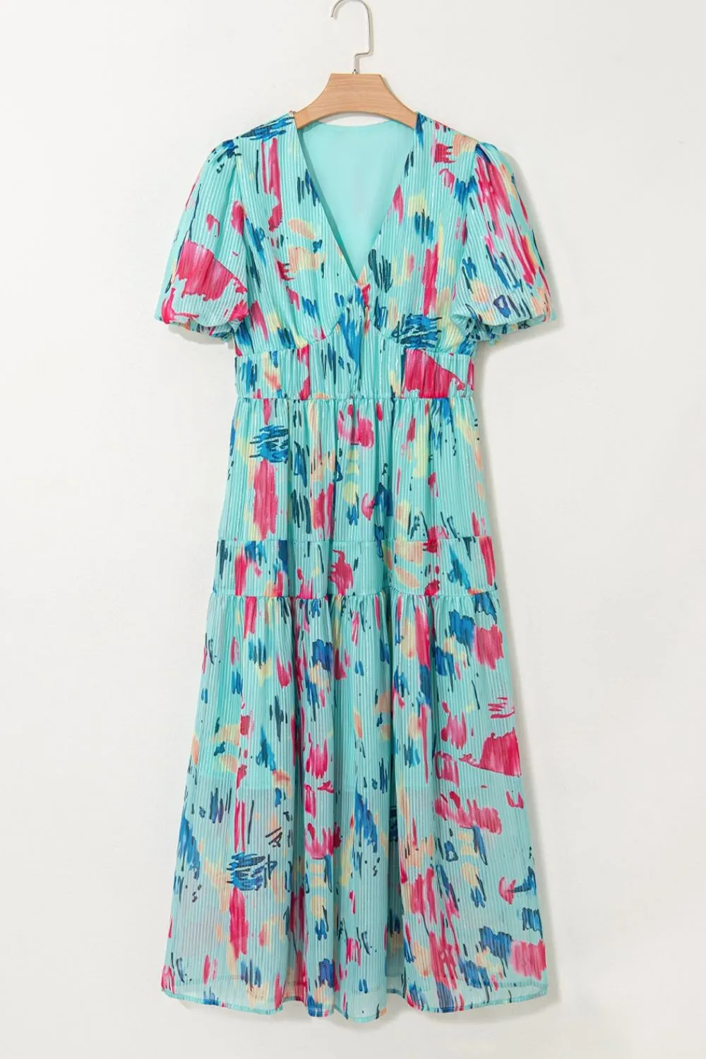 Abstract Print Short Puff Sleeve Tiered Maxi Dress, image 6