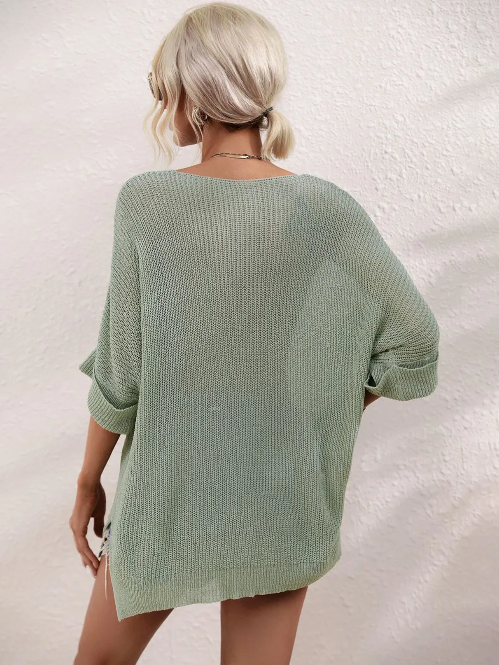 Boat Neck Cuffed Sleeve Slit Tunic Knit Top, image 3