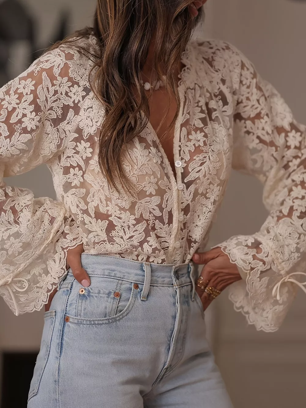 Lace Button Up Long Sleeve Shirt