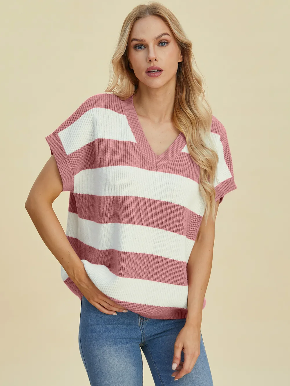 Full Size Striped V-Neck Short Sleeve Sweater, image 7