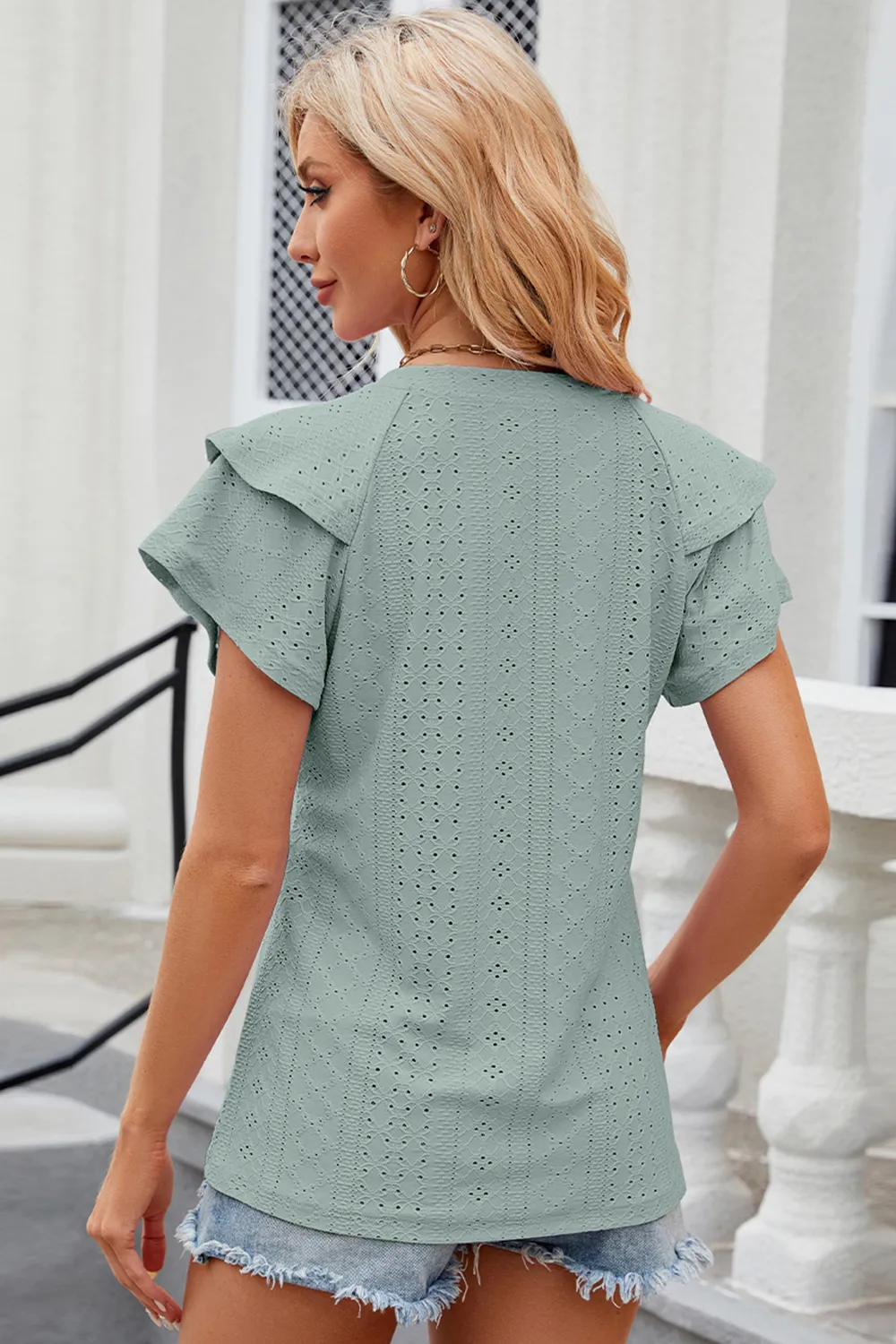 Eyelet Notched Flutter Sleeve T-Shirt, image 13