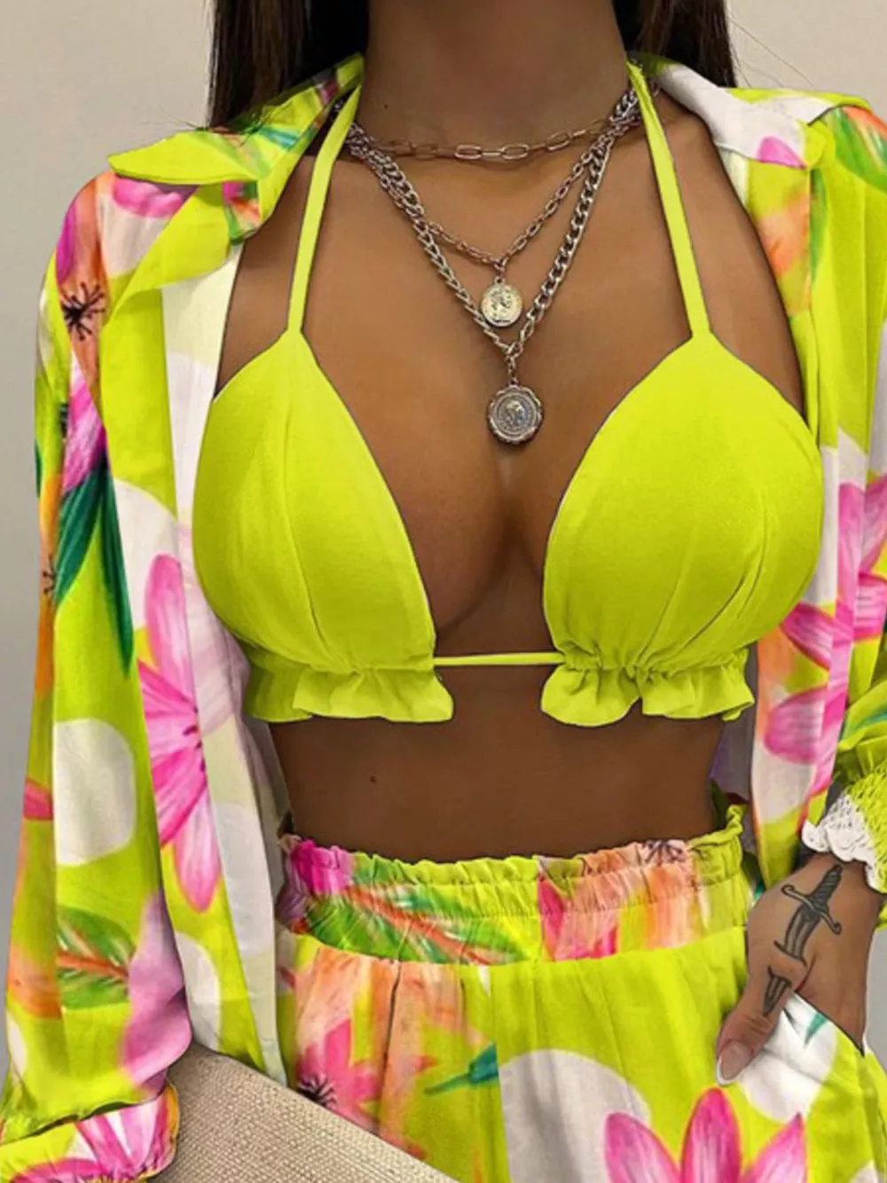 Full Size Halter Neck Cami & Shirt & Shorts 3-Piece Outfit Set Plus Size, image 5