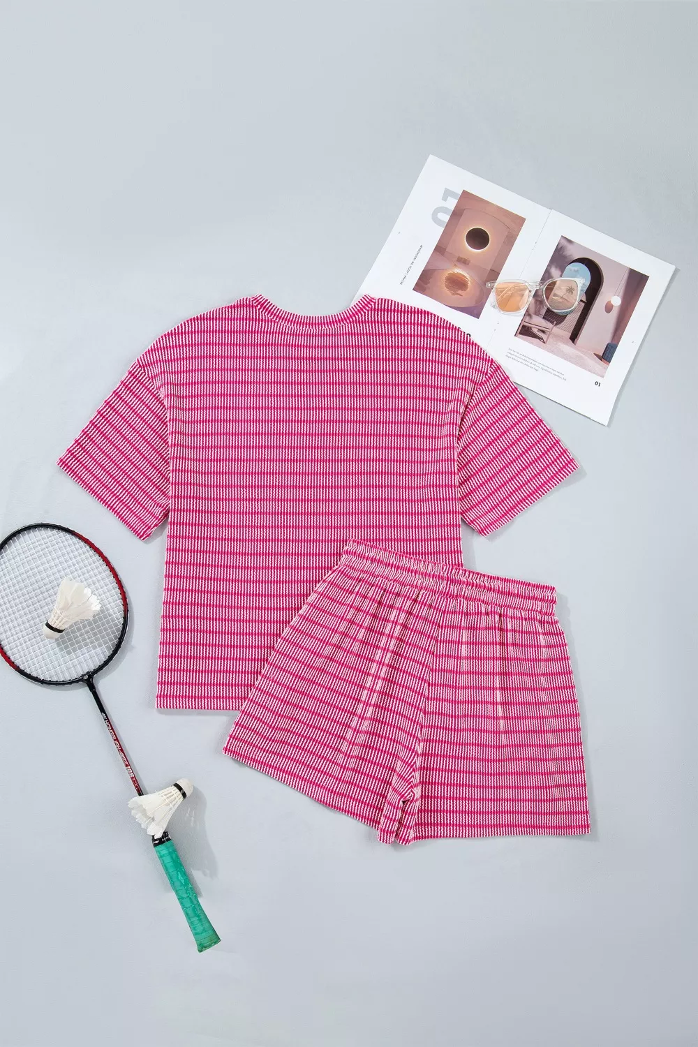 Stripe Raised Rib Loose Tee Drawstring Elastic Waist 2pcs Short Set, image 4